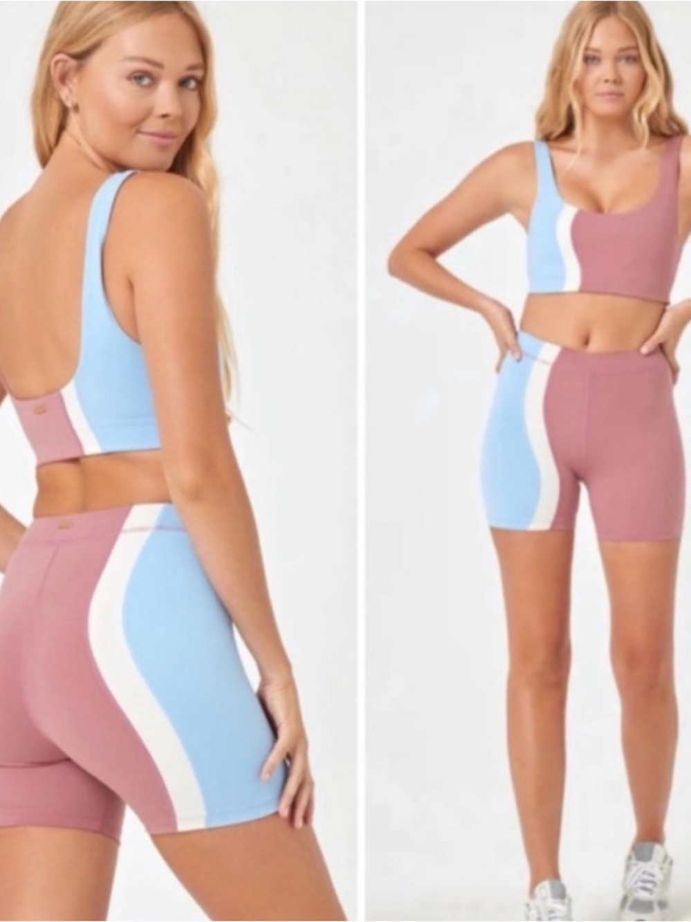 L space Colorblocked Athletic Crop Top & Biker Short Set - Blue, Mauve & White